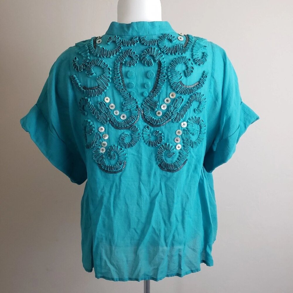 3.1 Phillip Lim Embroidered Embellished Baby Doll Teal Womens Boho Blouse Sz 4 - Picture 4 of 7